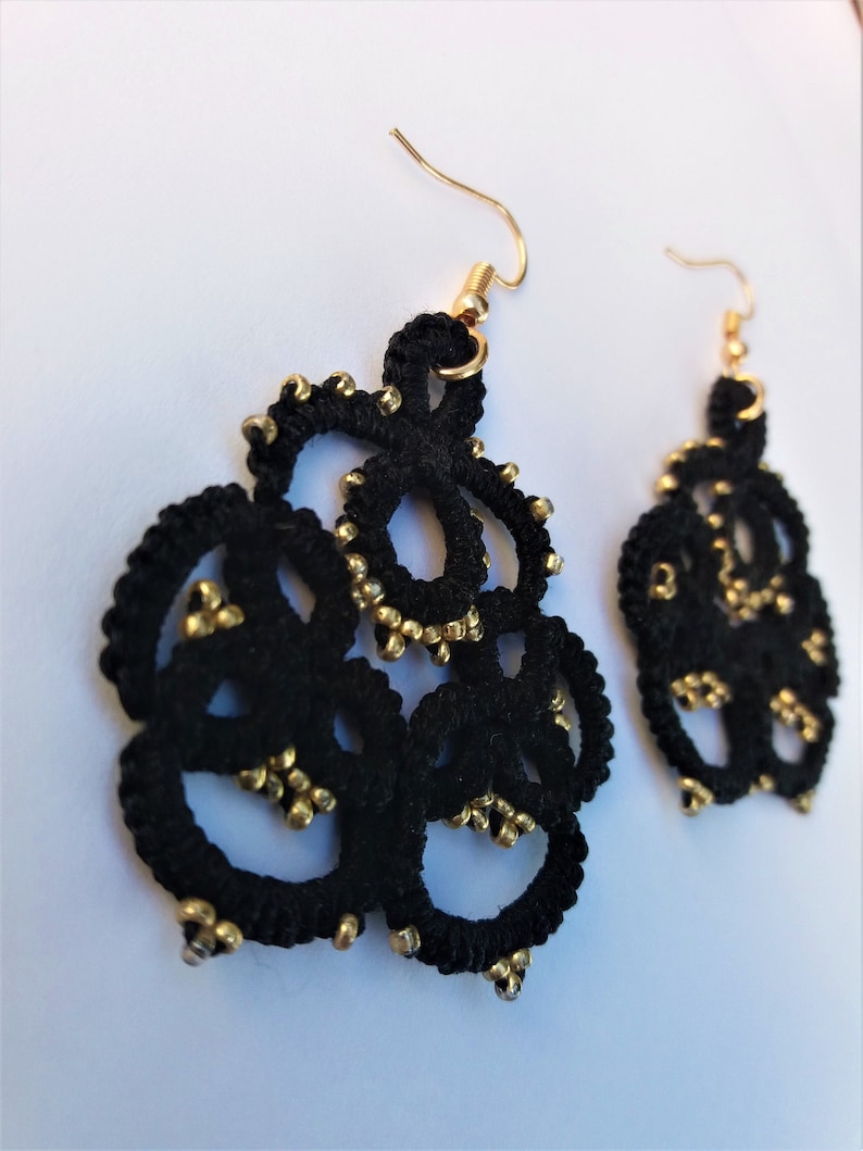 Black lace tatting earrings beaded with gold little seed beads Small lightweight gift for women