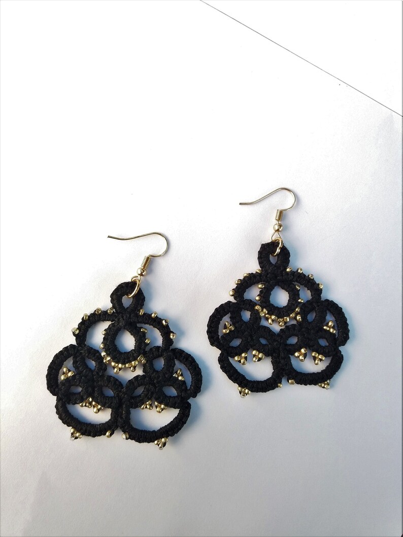 Black lace tatting earrings beaded with gold little seed beads Small lightweight gift for women