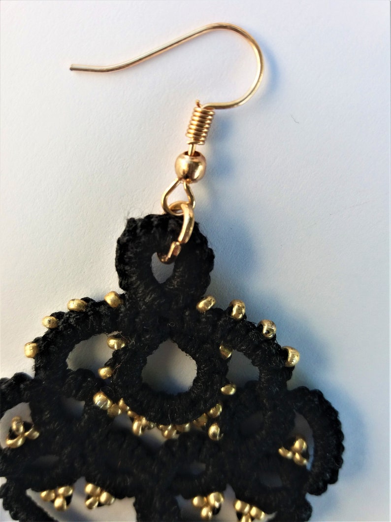 Black lace tatting earrings beaded with gold little seed beads Small lightweight gift for women