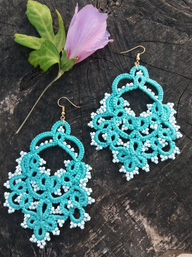Turquoise beaded lace earrings Bridesmaid boho accessory