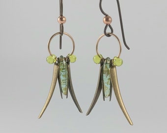 Meadow Grasshopper Green Glass Earrings Unique Dangles Sweet Katydid