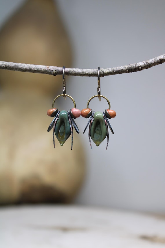 Olive Lampwork Beetle   *   Original Design by Firefly Earth and Sky   *   Handmade Earrings