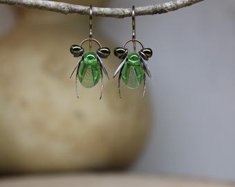 Whimsical Green Beetles  *  Lampwork Dangles  *  Interpretive Insect Jewelry