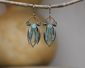 Blue Glass Cicada Dangles: Lampwork Bug Earrings with Brass Wings