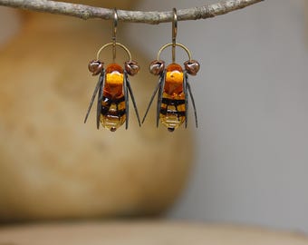 Amber Bee Earrings *  Nature Gift  *  Handmade Lampwork & Blue Patina Dangles