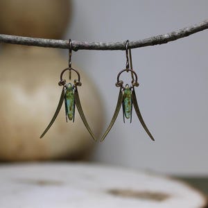 Dainty Meadow Grasshopper *  Green Glass Earrings *  Unique Dangles * Sweet Katydid