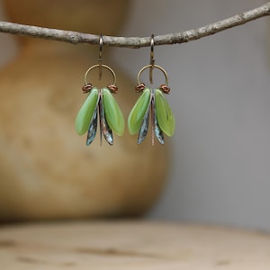 Luna Moth Earrings: Green Czech Glass Wings, Blue Patina, Brass Jewelry
