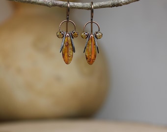 Variegated Amber & Topaz Fireflies  *  Interpretive Insect Jewelry  *  Bug Dangles by Firefly Earth and Sky