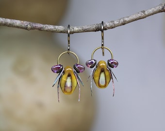 Whimsical Beetle Earrings  *  Original Design by Firefly Earth & Sky  *  Yellow Beetle Dangles