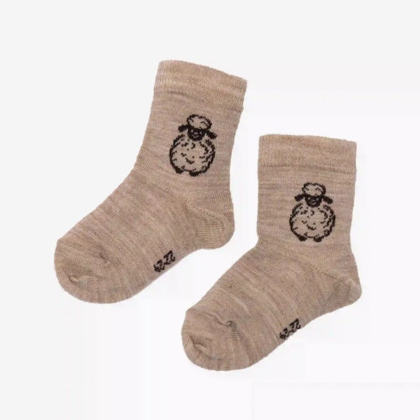 Beige merino wool socks for kids, Perfect for all seasons, Suitable for girls and boys, Cute socks with a sheep ornaments