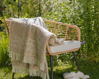Merino wool plaid with sheeps, Extremely soft blanket, Perfect gift for birthday, Beige colour plaid