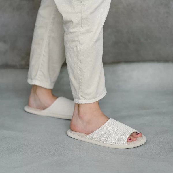 Merino wool house slippers with linen top, beige color house shoes for women and men, open front house slippers