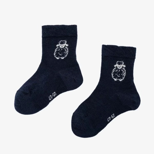 Blaue Merino Socken für Kinder, Perfekt für alle Jahreszeiten, Geeignet für Mädchen und Jungen, Süße Socken mit einem Schäfchen Ornamente