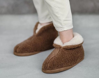 Top-boot house slippers camel bronz, natural wool house shoes for women and men