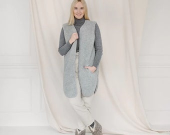 Gilet en laine mérinos pour femme, gilet en laine de haute qualité pour femme, gilet long en laine. Gilet en laine fait main.