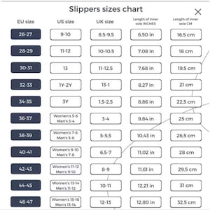 Peut inclure: Tableau des tailles de pantoufles avec les tailles EU, US et UK, ainsi que les mesures correspondantes de la longueur de la semelle int&eacute;rieure en pouces et en centim&egrave;tres.