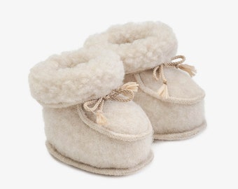 Botines de bebé de lana merino hechos a mano, color beige (3-6 meses)