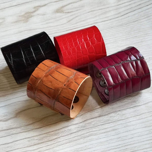 Crocodile leather bracelets for women, croc embossed leather cuff or wide leather cuff bracelet