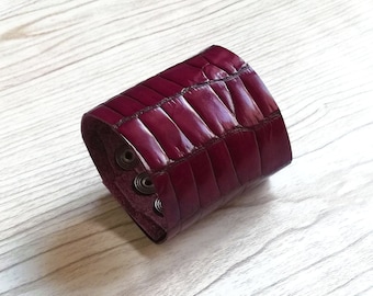 Burgundy leather bracelet women or wide leather cuff bracelet