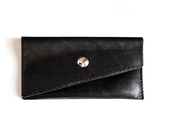 Cash envelope wallet, black leather card and coin pouch, small leather wallet, womens coin pouch wallet