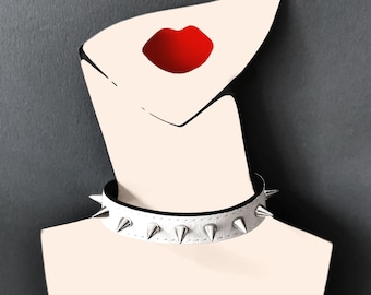 Spiked choker or white leather choker as goth choker, punk necklace