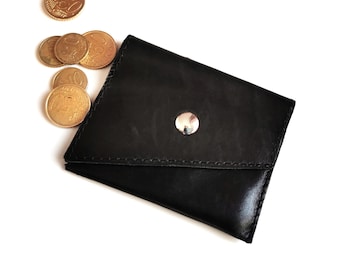 Small leather wallet women, black leather envelope wallet small, leather card and coin pouch