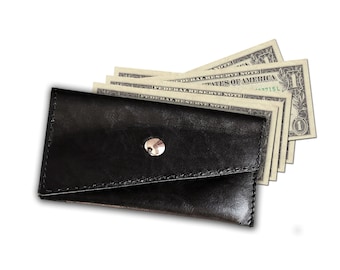 Black leather cash envelope wallet or leather envelope wallet, money holder or credit card wallet