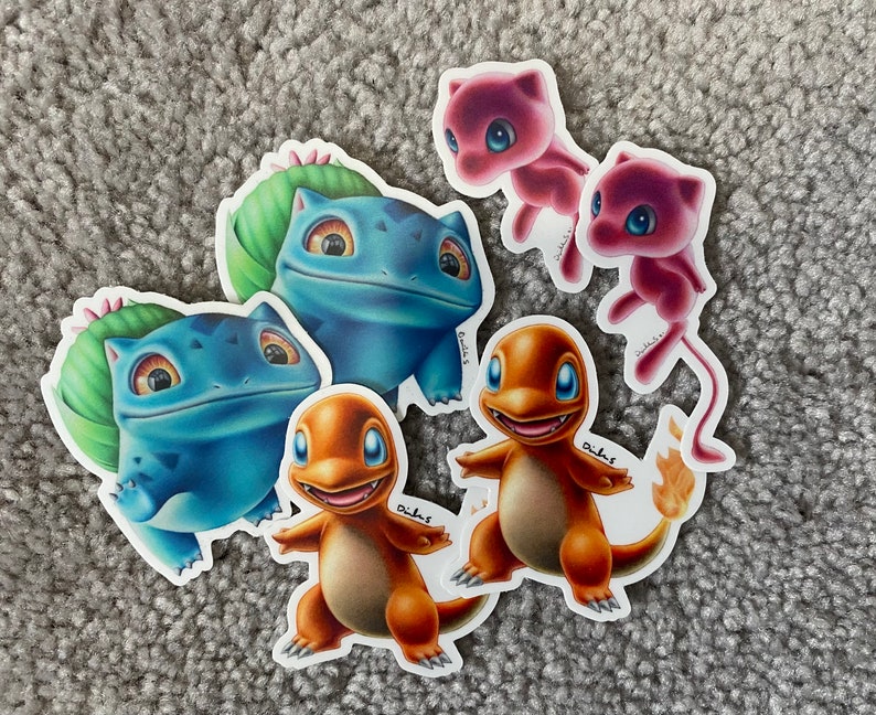 6 sticker bundle package of Charmander, Mew, and Bulbasaur!