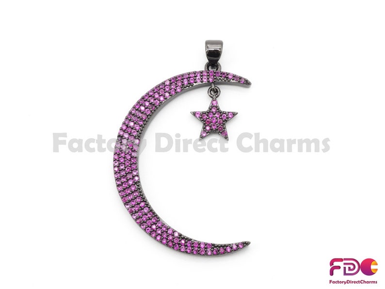 Cubic Zirconia Pendant,GreenTurquoiseCobaltFuchsiaBlack CZ,44x5mm,sku#fdc-F53 1pc5pcs,CZ Micro Pave Crescent Moon and Star Pendant