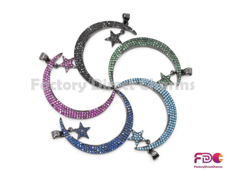 Cubic Zirconia Pendant,GreenTurquoiseCobaltFuchsiaBlack CZ,44x5mm,sku#fdc-F53 1pc5pcs,CZ Micro Pave Crescent Moon and Star Pendant