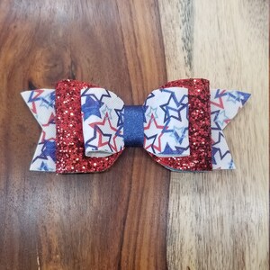 4th of July Hair Bow: Red Glitter & Star Faux Leather Clip