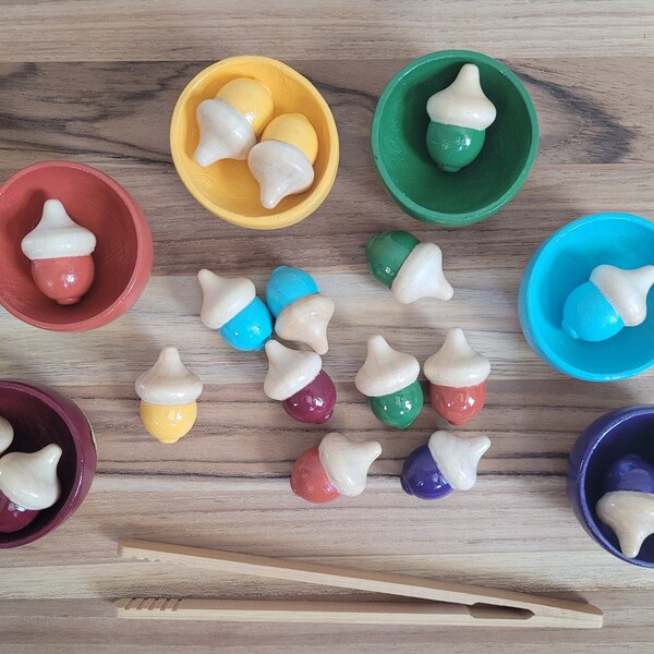 Acorn Sorting Set, Montessori Toy Rainbow Colors, Learning toy for kids, Small Montessori Gift, Wood Toy, Color Recognition, Counting Acorns