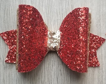 Christmas Hair Bow, Vegan Christmas Hair Bow, Red Bow, Christmas Faux Leather Bow, Glitter Bow, Stocking Stuffer for Girls, Kid's Xmas