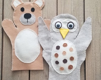 Puppet Set, Woodland Puppet Set, Puppet Gift, Owl Puppet, Bear Puppet, Boy's Birthday Gift, Kid's Birthday Gift,  Bird Puppet, Felt Puppet