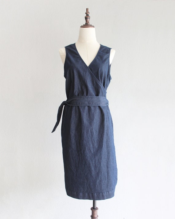 denim wrap dress / navy blue sleeveless summer dre