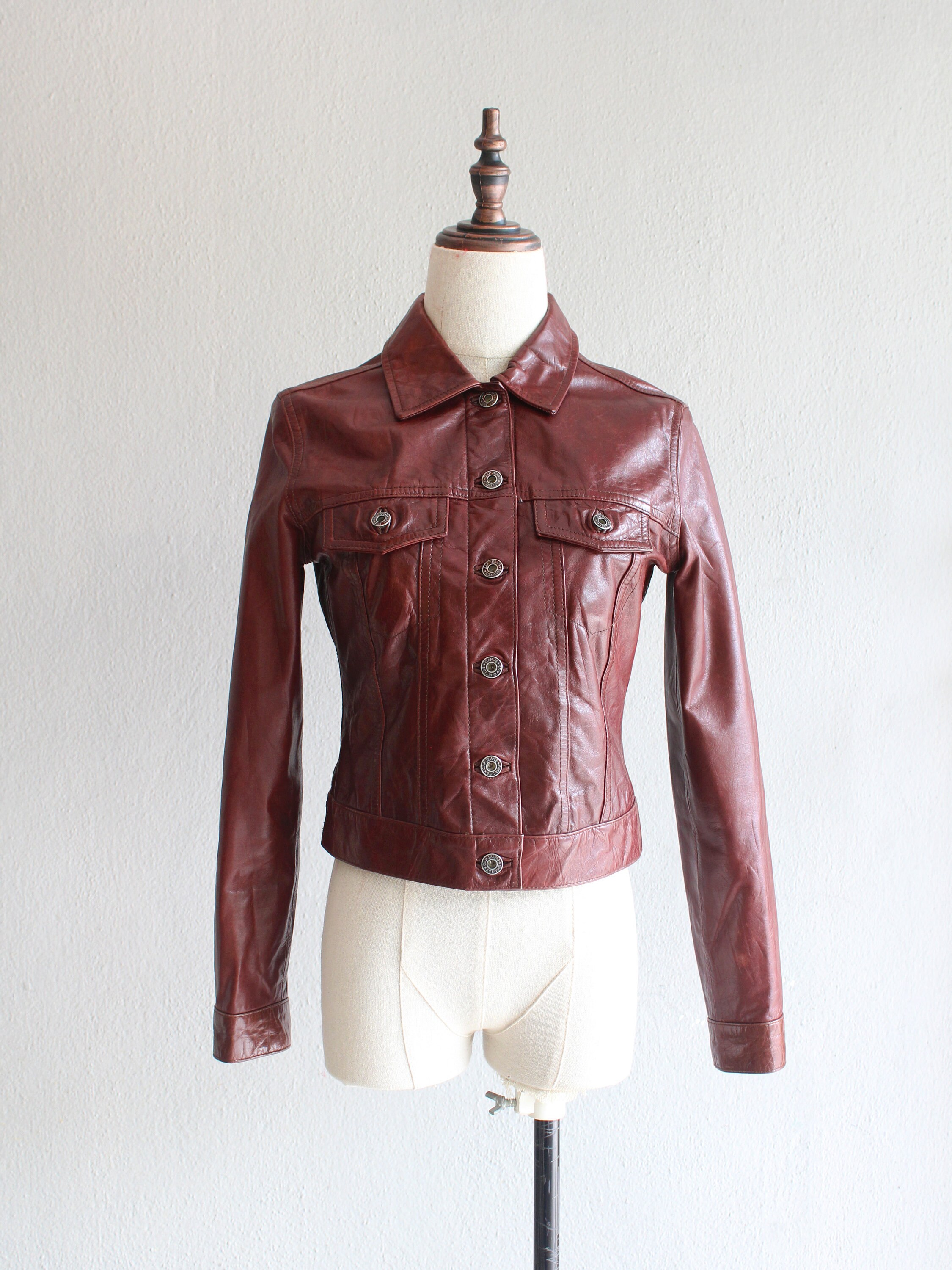 Wine red leather jacket / xs Etsy
