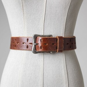 cognac floral cut out leather belt