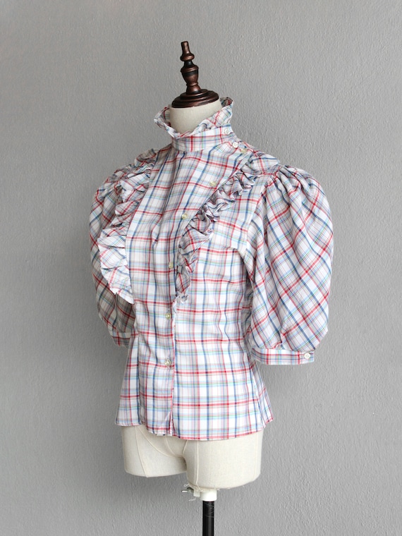 70s plaid prairie blouse / s - image 4