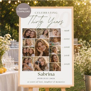 Può includere: Un cartello rettangolare verticale con un collage di foto di una persona a diverse età. Il testo riporta Celebrating Thirty Years, Sabrina, 19th July 2026 e 30 years of love, laughter & memories, con gli anni 1996, 2000, 2006, 2016 e 2026 elencati.