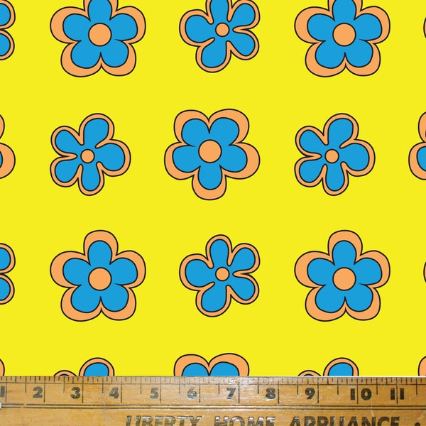 Daisy Age Fabric Print in Yellow (BIG).  Textile Print / Retro Fabric / Funky fabric / Floral fabric.  Printed in the USA by Think Turner.