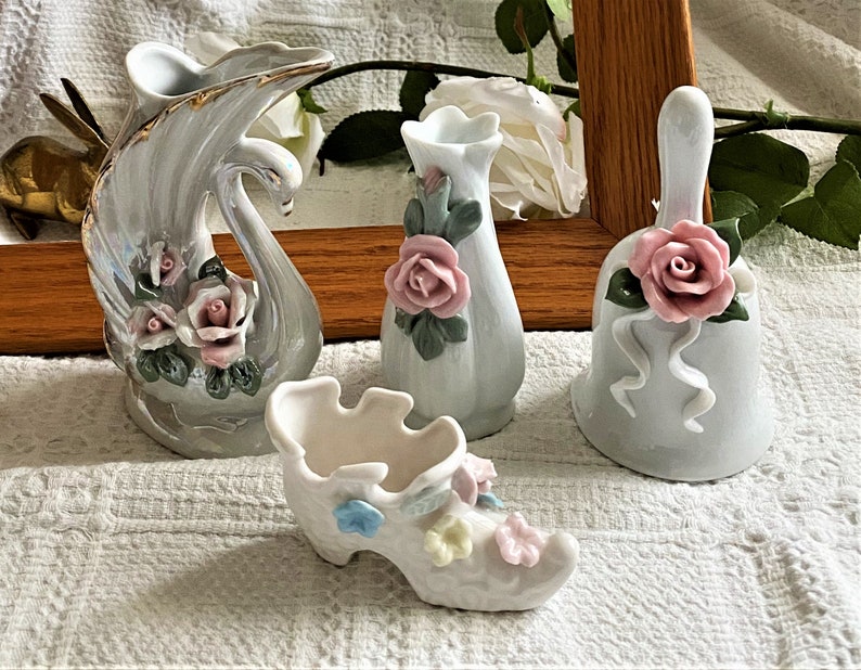 Vintage Ceramic KNICK KNACKS with 3D Pink Roses//Bell Swan Etsy