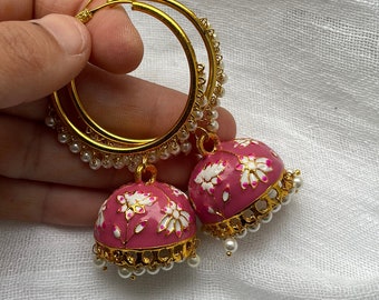 Bollywood Jhumka Earrings in dusty rose color with pretty enamel flowers, South Asian jewelry, Statement Earrings
