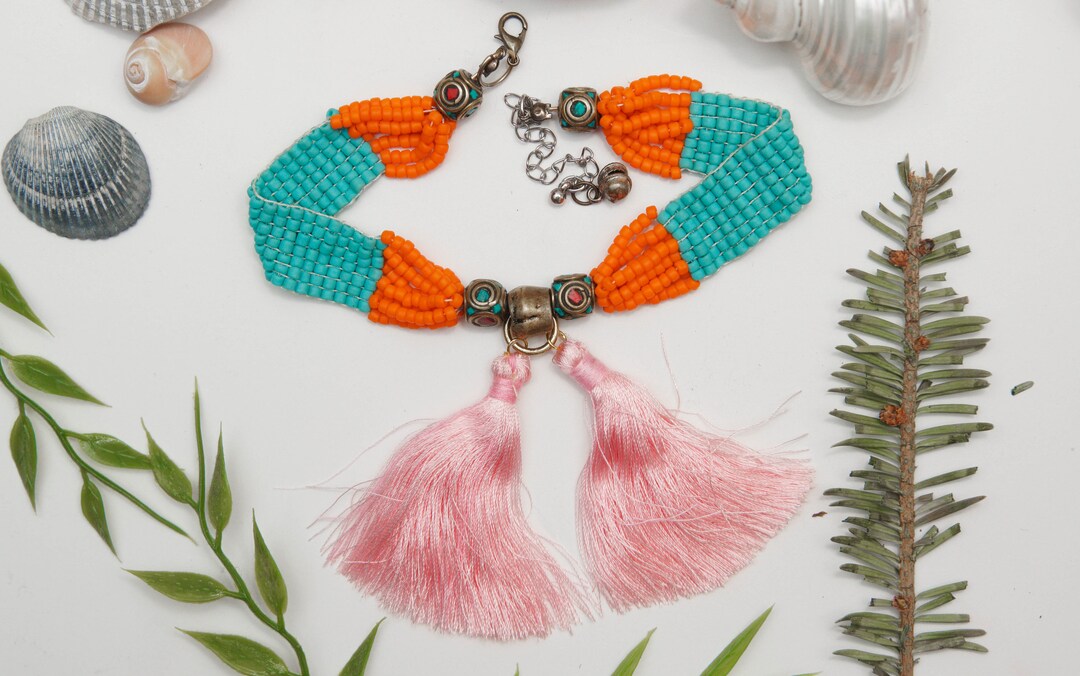 Collana Lunga Multicolore KELITCH Con Perline Turchesi E Nappa - Gioiello Moda Tessuto A Mano