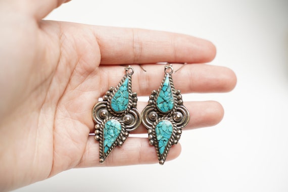 Handcrafted Nepali Earrings in Silver and Turquoi… - image 1