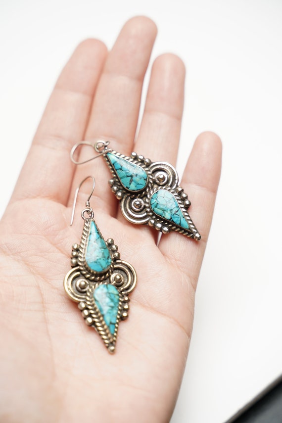 Handcrafted Nepali Earrings in Silver and Turquoi… - image 2