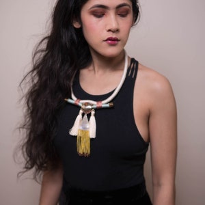 Handmade Chord Statement Necklace in White with white silk tassels and beaded tassels, Hand casted Indian aluminum bead