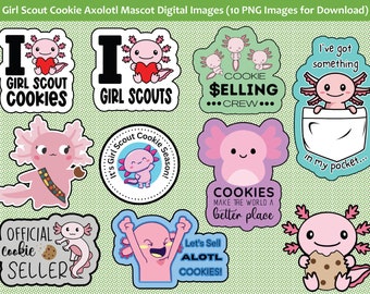 Girl Scout Cookie Axolotl 2024 Mascot Digital PNG Image File (10) Download for Stickers, Clipart, IronOn, etc