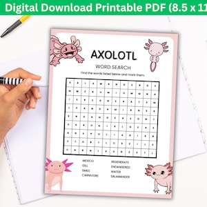 Axolotl Word Search Printable, Instant Download, Parties, 2024 Girl Scout Mascot Theme