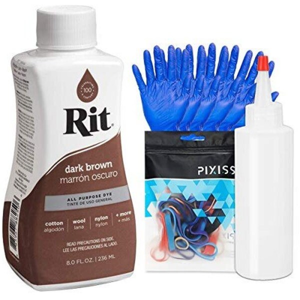 Rit Dye Liquid Dark Brown All-Purpose Dye 8oz, Pixiss Tie Dye Accessories Bundle with Rubber Bands, Gloves and Squeeze Bottle