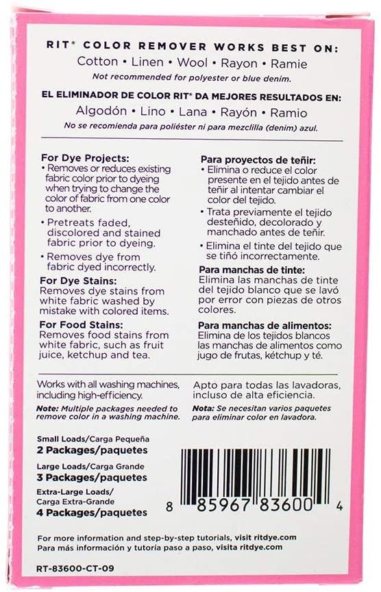 Rit Dye Powder Color & Rust Remover Great for Crafting DIY Works on Most Fabric Cotton Nylon, Chlorine Free 